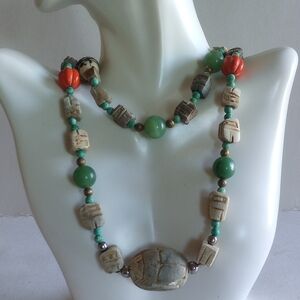 Egyptian Revival Scarabs Sign Orange carved jasper Calcedony Necklace Good Luck